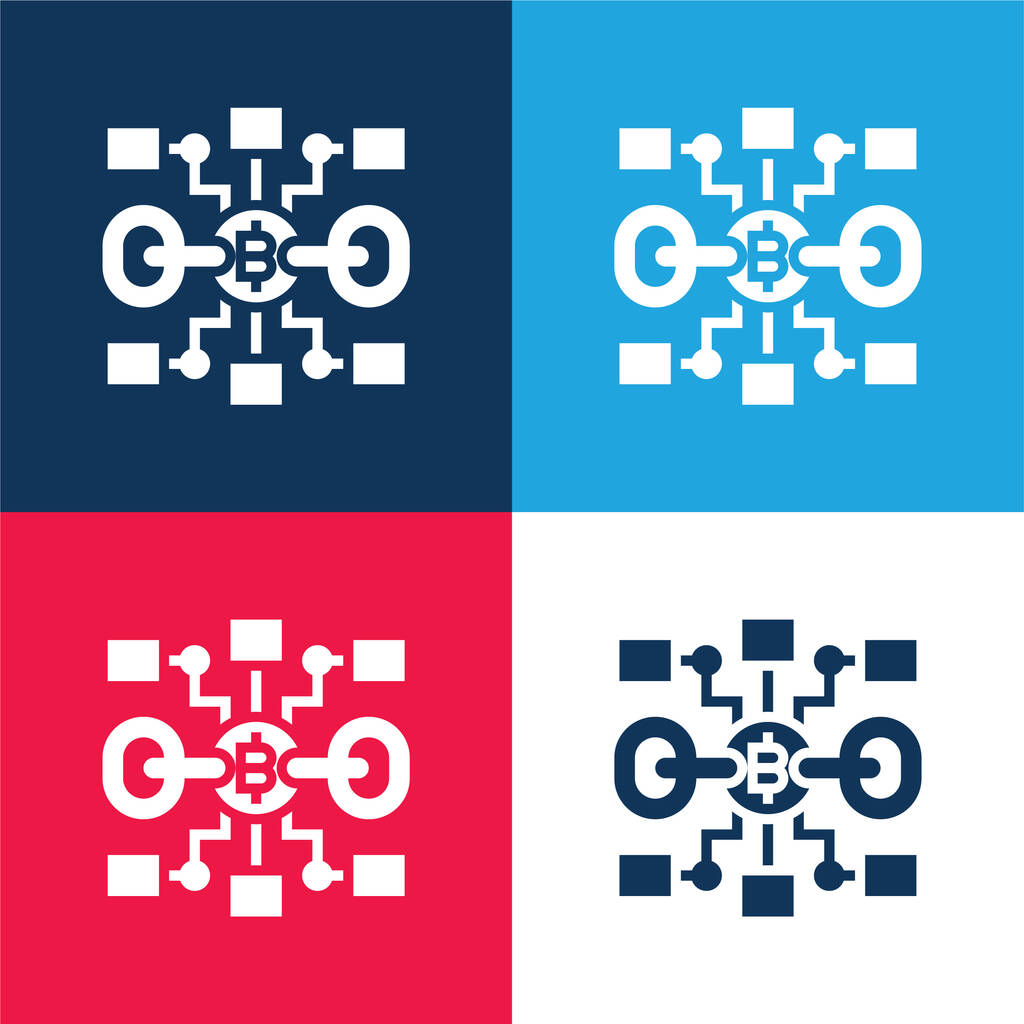 ブロックチェーン青と赤の4色の最小アイコンセットロイヤリティフリーのベクターグラフィック画像