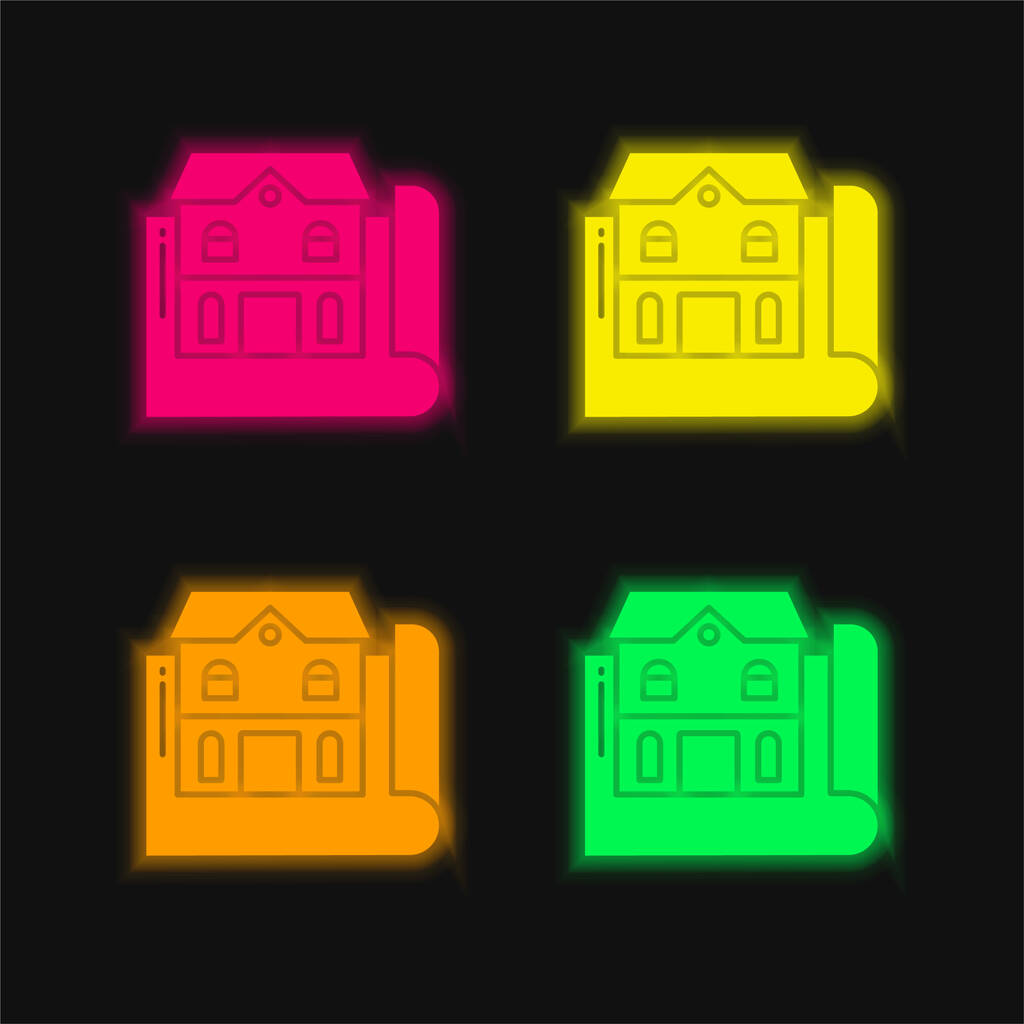 Blueprint four color glowing neon vector icon