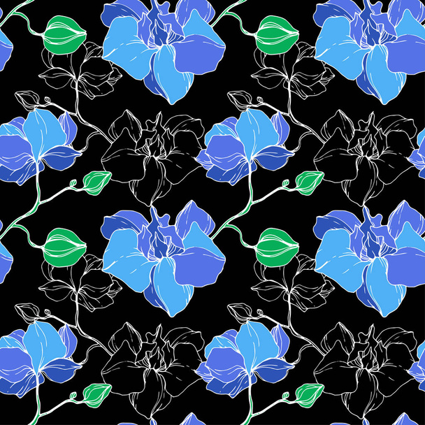 美しい青い蘭の花 刻まれたインク アート シームレスな背景パターン 壁紙印刷手触りの生地 ロイヤリティフリーのベクターグラフィック画像