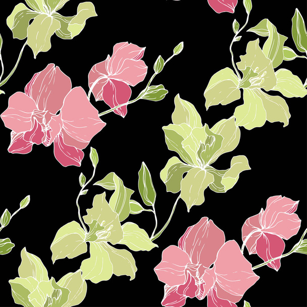 美しいピンクと黄色の蘭の花 シームレスな背景パターン 壁紙印刷手触りの生地 黒い背景に刻まれたインク アート ロイヤリティフリーの ベクターグラフィック画像