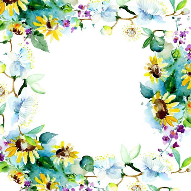 カラフルな春の花のフレーム 水彩画背景イラスト セット 水彩描画のファッション Aquarelle 分離します 装飾ボーダー ロイヤリティフリー写真 画像素材