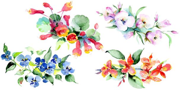 カラフルな春の花のブーケ 水彩画背景イラスト セット 水彩描画のファッション Aquarelle 分離します 孤立した花束の図要素 ロイヤリティフリー写真 画像素材