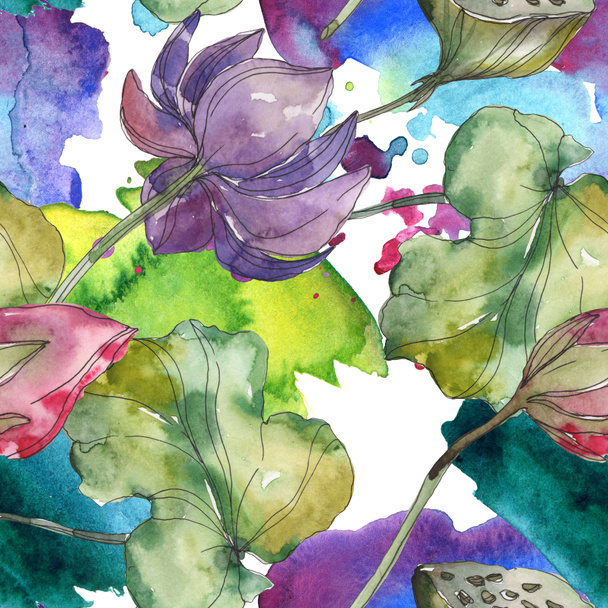 ピンクと紫の蓮の植物花 野生春葉が分離されました 水彩イラスト セット 水彩描画ファッション Aquarelle シームレスな背景パターン 壁紙印刷手触りの生地 ロイヤリティフリー写真 画像素材