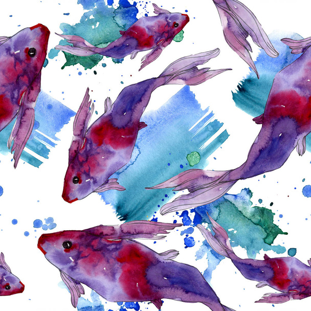 水生の魚セット 紅海と内部のエキゾチックな魚 金魚 水彩イラスト セット 水彩描画ファッション Aquarelle シームレスな背景パターン 壁紙印刷手触りの生地 ロイヤリティフリー写真 画像素材