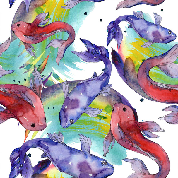 水生の魚セット 紅海と内部のエキゾチックな魚 金魚 水彩イラスト セット 水彩描画ファッション Aquarelle シームレスな背景パターン 壁紙印刷手触りの生地 ロイヤリティフリー写真 画像素材