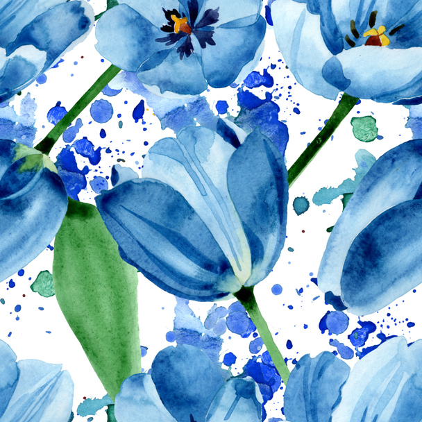 青いチューリップの花の植物の花 野生の春の葉の野生の花 水彩イラストセット 水彩画ファッションアクアレル シームレスな背景パターン ファブリック壁紙プリントテクスチャ ロイヤリティフリー写真 画像素材