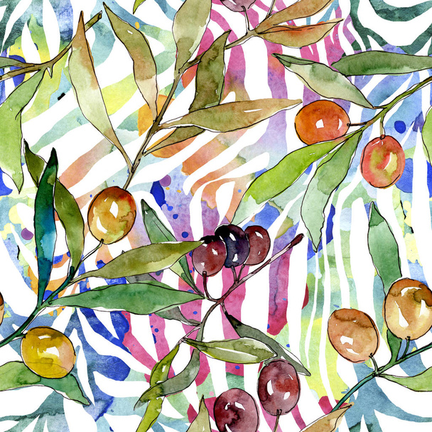 黒と緑の果実とオリーブの枝 水彩画背景イラストセット 水彩画描画ファッション Aquarelle 孤立 シームレスな背景パターン ファブリック壁紙プリントテクスチャ ロイヤリティフリー写真 画像素材