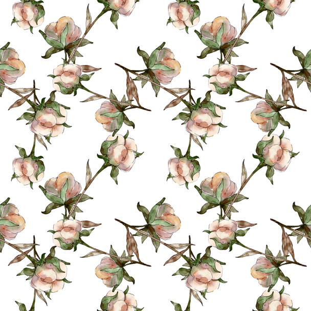 白い綿の花の植物の花 水彩イラストセット シームレスな背景パターン 壁紙プリントテクスチャ ロイヤリティフリー写真 画像素材