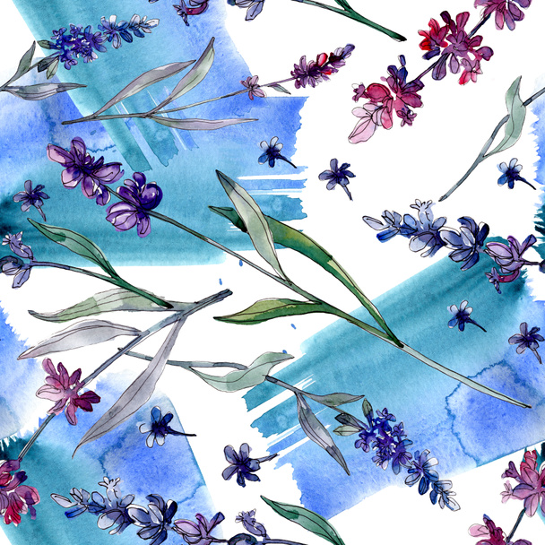 ラベンダーの花の植物の花 野生の春の葉の野生の花 水彩イラストセット 水彩画ファッションアクアレル シームレスな背景パターン ファブリック壁紙プリントテクスチャ ロイヤリティフリー写真 画像素材