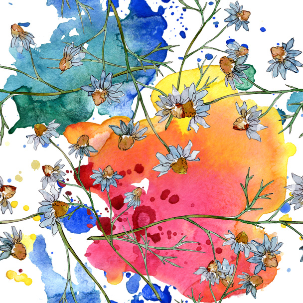 ワイルドフラワーの花の植物の花 野生の春の葉の野生の花 水彩イラストセット 水彩画ファッションアクアレル シームレスな背景パターン ファブリック壁紙プリントテクスチャ ロイヤリティフリー写真 画像素材