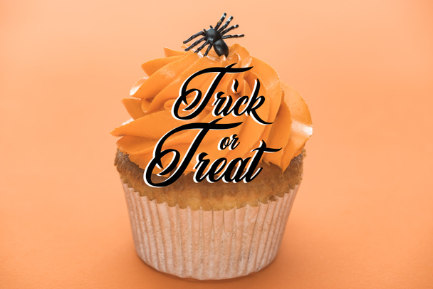 怖いですハロウィンカップケーキ黒クモとトリックやオレンジの背景にイラストを扱う ロイヤリティフリー写真 画像素材