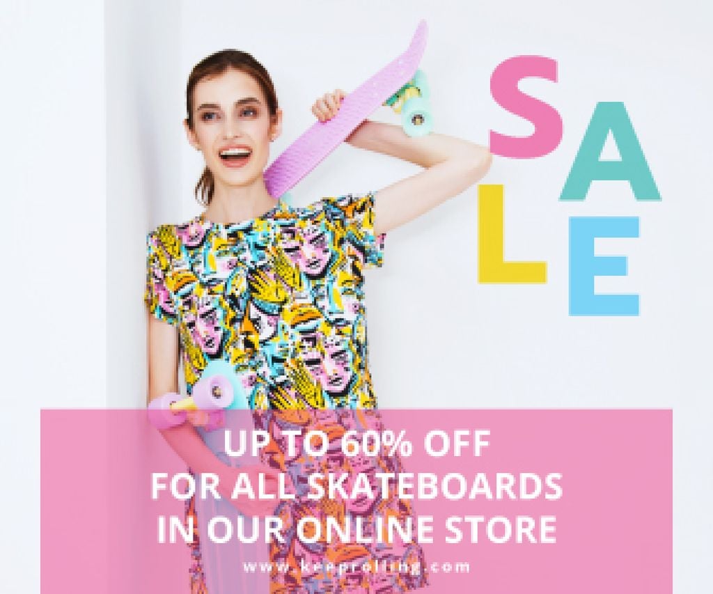 Sports Equipment Ad Girl with Bright Skateboard — Create a Design Sports Equipment Ad Girl with Bright Skateboard — Create a Design