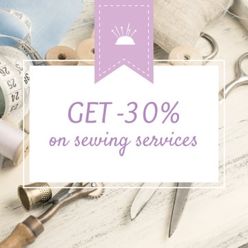 Sewing Services ad with Tools and Threads in White