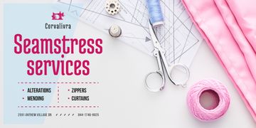 Seamstress Services Ad with Tools and Threads in Pink