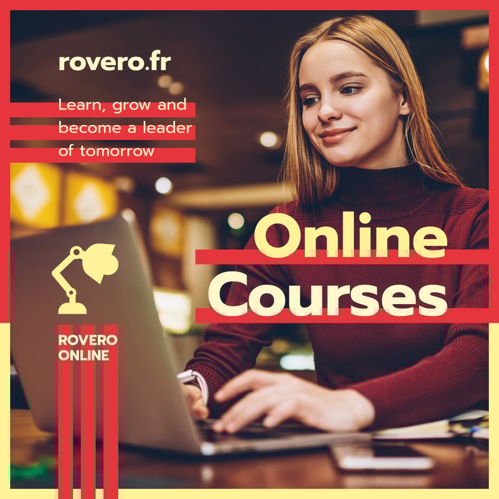 Online Courses Ad Woman Typing on Laptop in Red — Crear un diseño Online Courses Ad Woman Typing on Laptop in Red — Crear un diseño