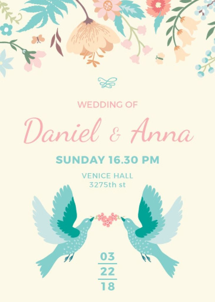 Wedding Invitation with Loving Birds and Flowers — Create a Design Wedding Invitation with Loving Birds and Flowers — Create a Design