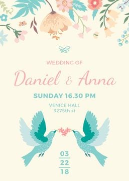 Wedding Invitation with Loving Birds and Flowers