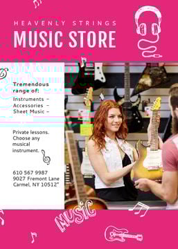 Music Store Ad Woman Selling Guitar