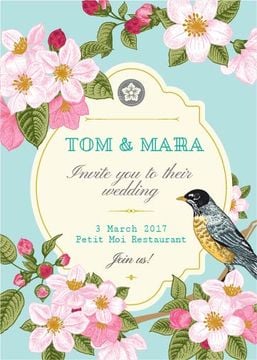 Wedding Invitation with Flowers and Bird in Blue