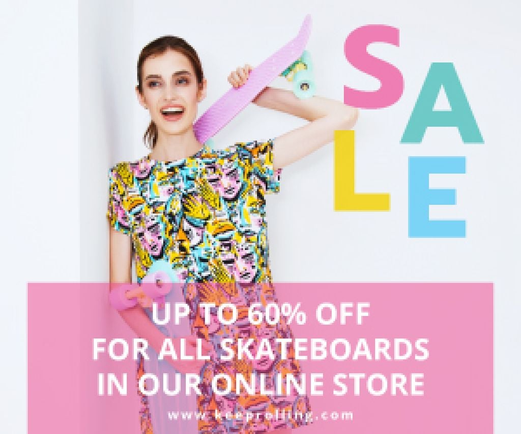 Sports Equipment Ad Girl with Bright Skateboard — Create a Design Sports Equipment Ad Girl with Bright Skateboard — Create a Design