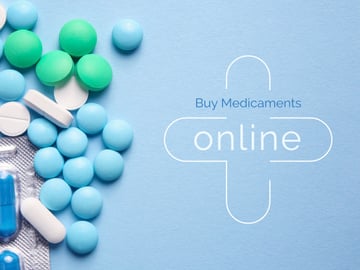 Medicaments Ad with Pills on Blue Surface