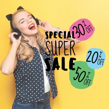 special super sale yellow banner with young woman in headphones