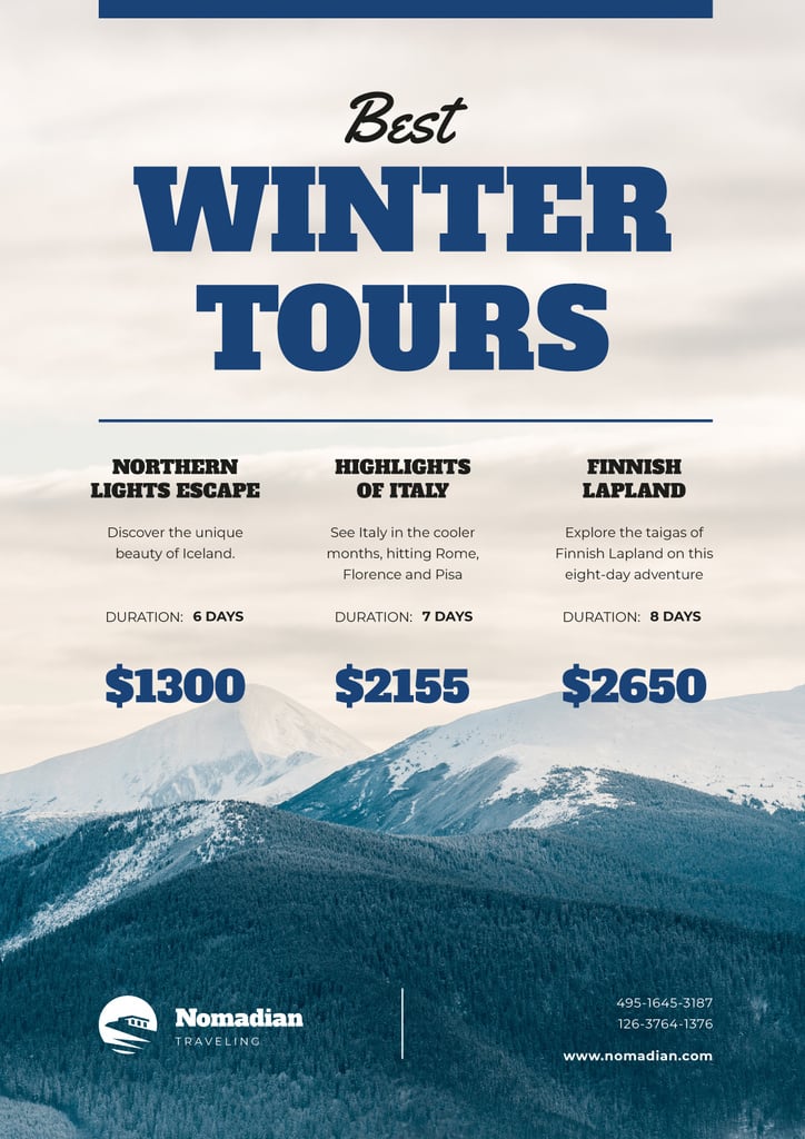Winter Tour Offer Snowy Mountains — ein Design erstellen Winter Tour Offer Snowy Mountains — ein Design erstellen