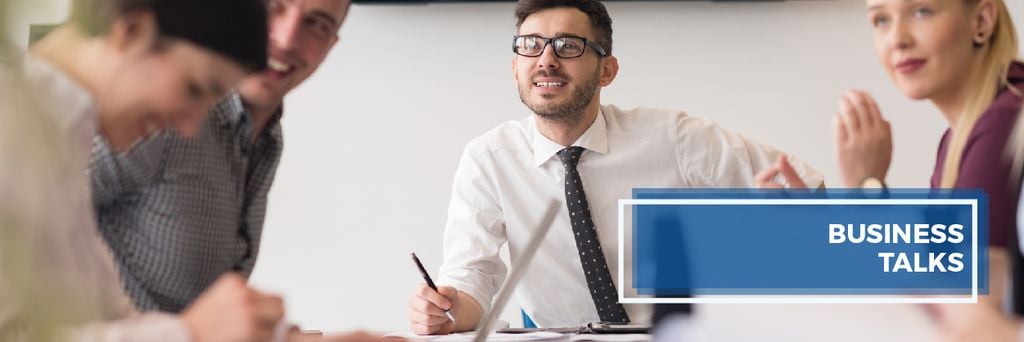 Business talks banner with group of business people working together — Create a Design Business talks banner with group of business people working together — Create a Design