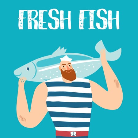 Fisherman with Big Fish in Blue Animated Post Design Template