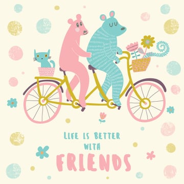 Two bears and cat on a bicycle with flowers