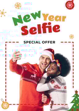 New Year Offer Couple Taking Selfie by Fir Tree