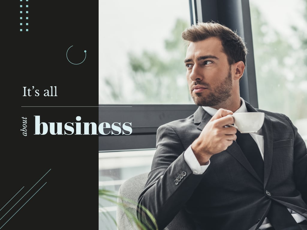 Business Inspiration Man in Suit Holding Cup | Presentation Template — Створити дизайн Business Inspiration Man in Suit Holding Cup | Presentation Template — Створити дизайн