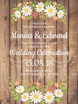 Wedding Invitation with Flowers on Wooden Background