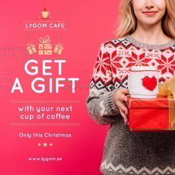 Christmas Offer Woman Holding Present and Coffee Cup