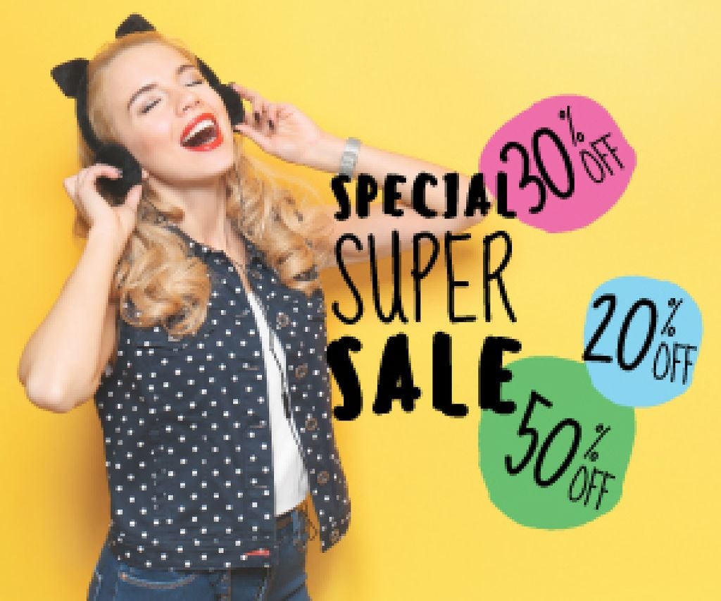 special super sale yellow banner with young woman in headphones - Bir Tasarım Oluşturun special super sale yellow banner with young woman in headphones - Bir Tasarım Oluşturun