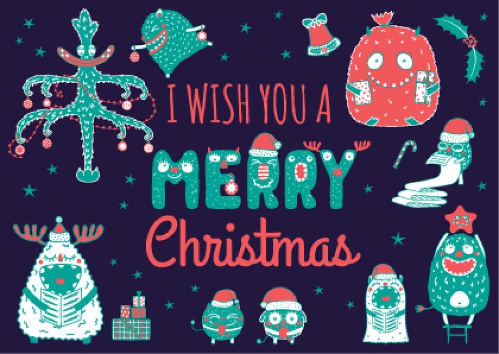 Merry Christmas Card Funny Monsters | Postcard Template — Maak een ontwerp Merry Christmas Card Funny Monsters | Postcard Template — Maak een ontwerp
