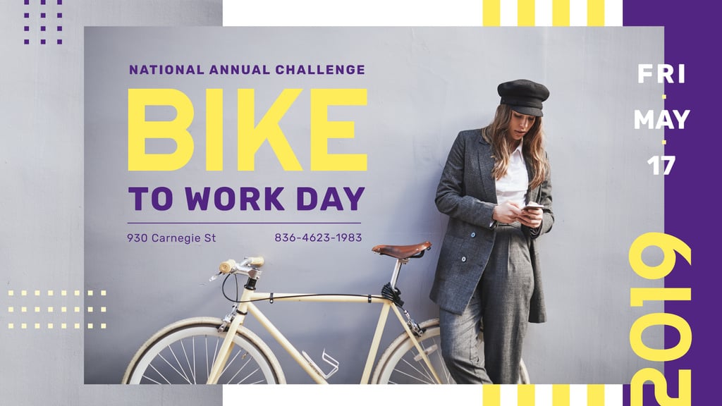 Bike to Work Day Challenge Girl with Bicycle in city — Créer un visuel Bike to Work Day Challenge Girl with Bicycle in city — Créer un visuel