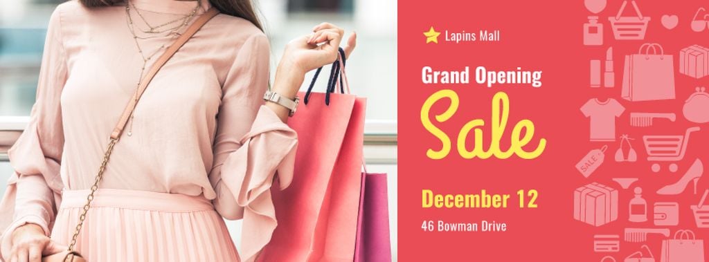 Store Grand Opening Announcement Woman with Shopping Bags — Modelo de projeto Store Grand Opening Announcement Woman with Shopping Bags — Modelo de projeto
