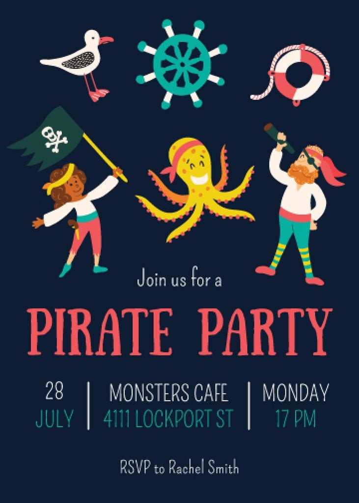 Pirate Party Announcement with funny characters — Crea un design Pirate Party Announcement with funny characters — Crea un design
