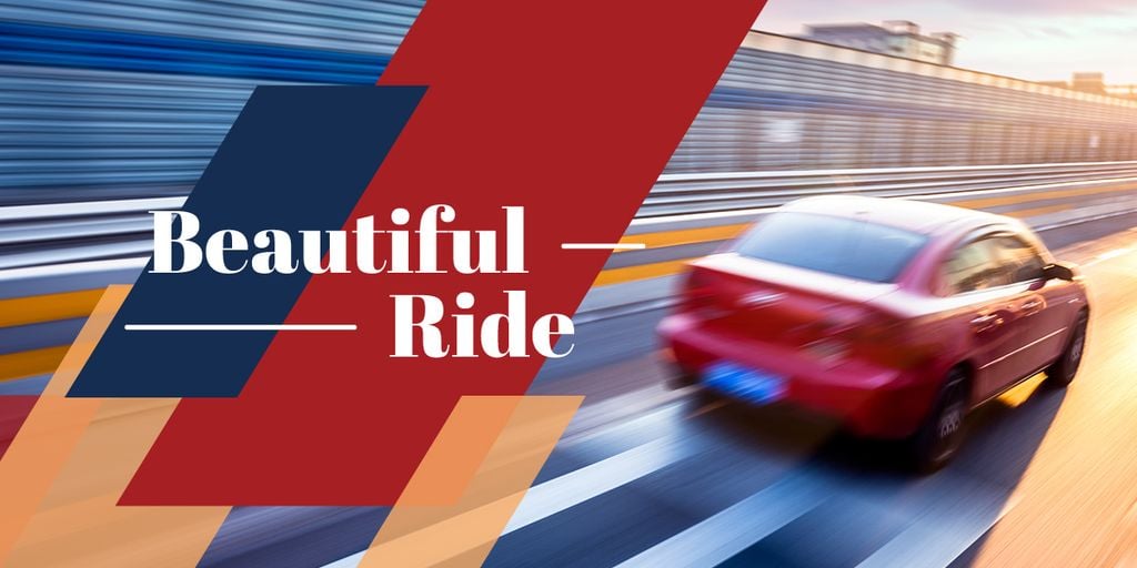 Blurred red car driving fast on road with text beautiful ride — Modelo de projeto Blurred red car driving fast on road with text beautiful ride — Modelo de projeto
