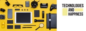Technologies and happiness poster with modern gadgets