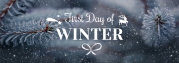 First day of winter lettering with frozen fir tree branch