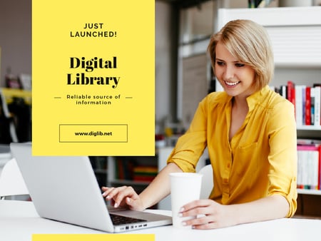 Digital Library with Woman Typing on Laptop Presentation Design Template