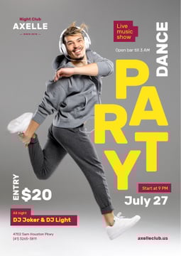 Party Invitation Man in Headphones Jumping in Grey