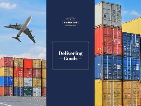 Delivery Service with Plane Flying over Warehouse Containers Presentation Design Template