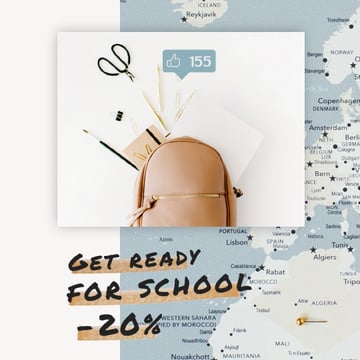 Back to School Sale Stationery in Backpack over Map