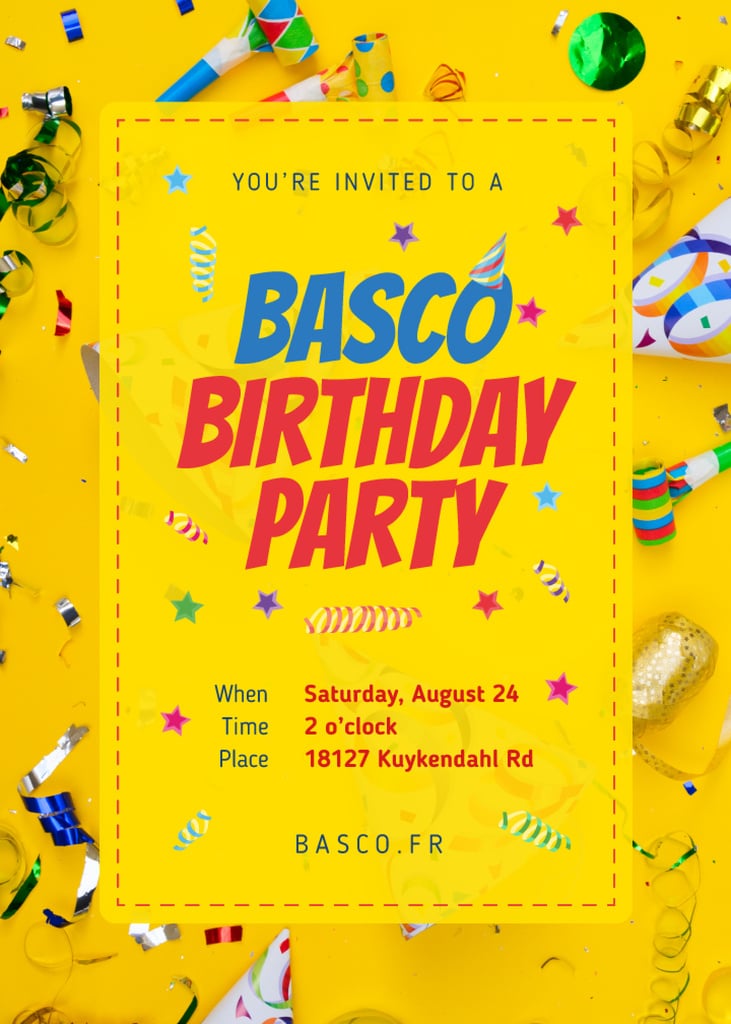 Birthday Party Invitation Confetti and Ribbons in Yellow — ein Design erstellen Birthday Party Invitation Confetti and Ribbons in Yellow — ein Design erstellen