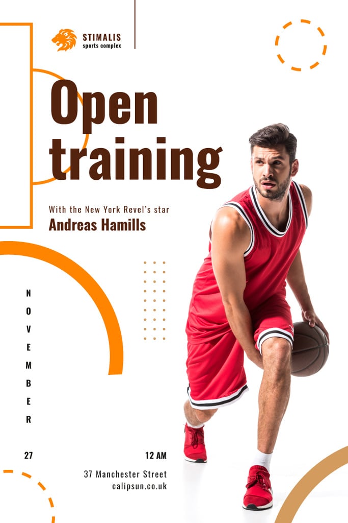 Open Training Announcement with Basketball Player in Red — ein Design erstellen Open Training Announcement with Basketball Player in Red — ein Design erstellen
