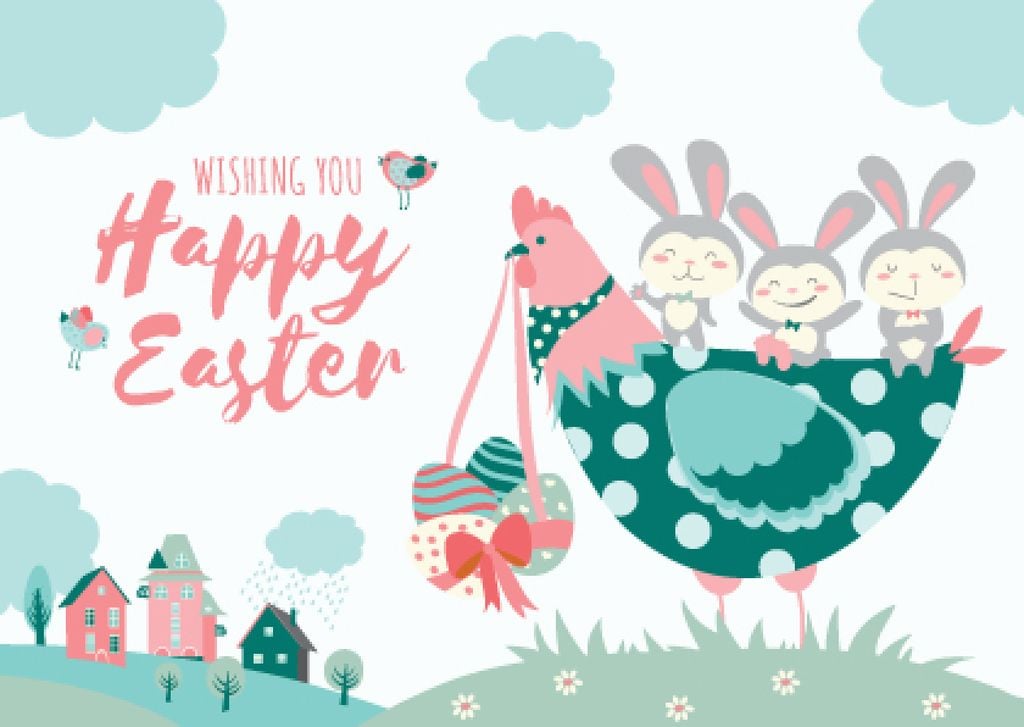 Happy Easter Wishes with Chicken and Bunnies — Создать дизайн Happy Easter Wishes with Chicken and Bunnies — Создать дизайн