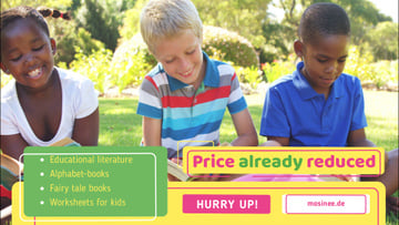 School Supplies Sale with Happy Kids Reading